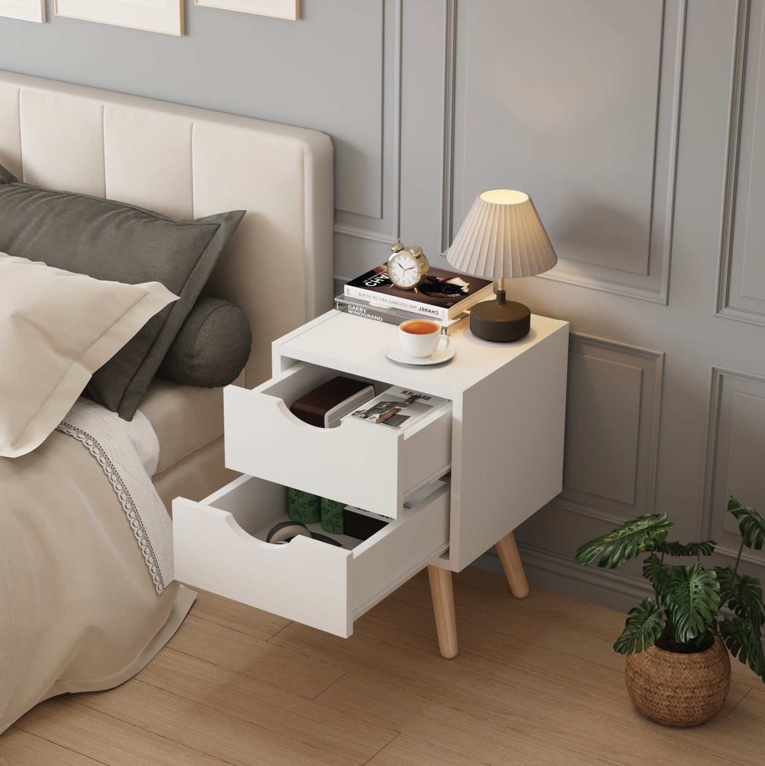 BEDSIDE STAND DINKL HM2472.03 MELAMINE-2 DRAWERS IN WHITE 29,7x29,7x45Hcm.