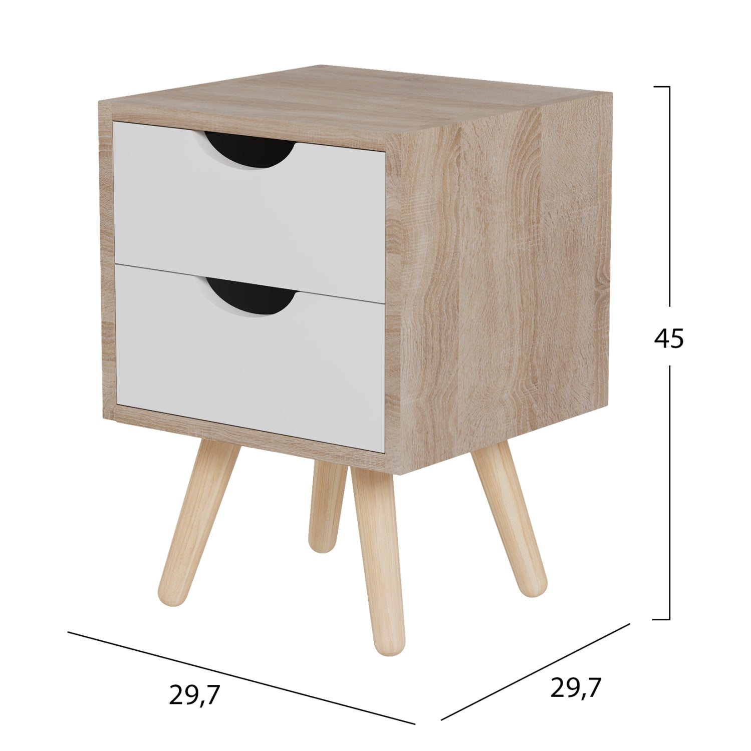 BEDSIDE STAND DINKL HM2472.04 MELAMINE-2 DRAWERS IN SONAMA-WHITE 29,7x29,7x45Hcm.