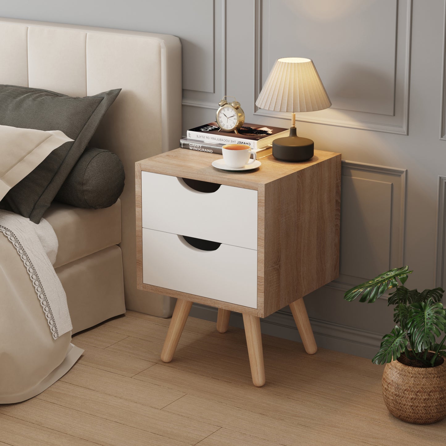BEDSIDE STAND DINKL HM2472.04 MELAMINE-2 DRAWERS IN SONAMA-WHITE 29,7x29,7x45Hcm.