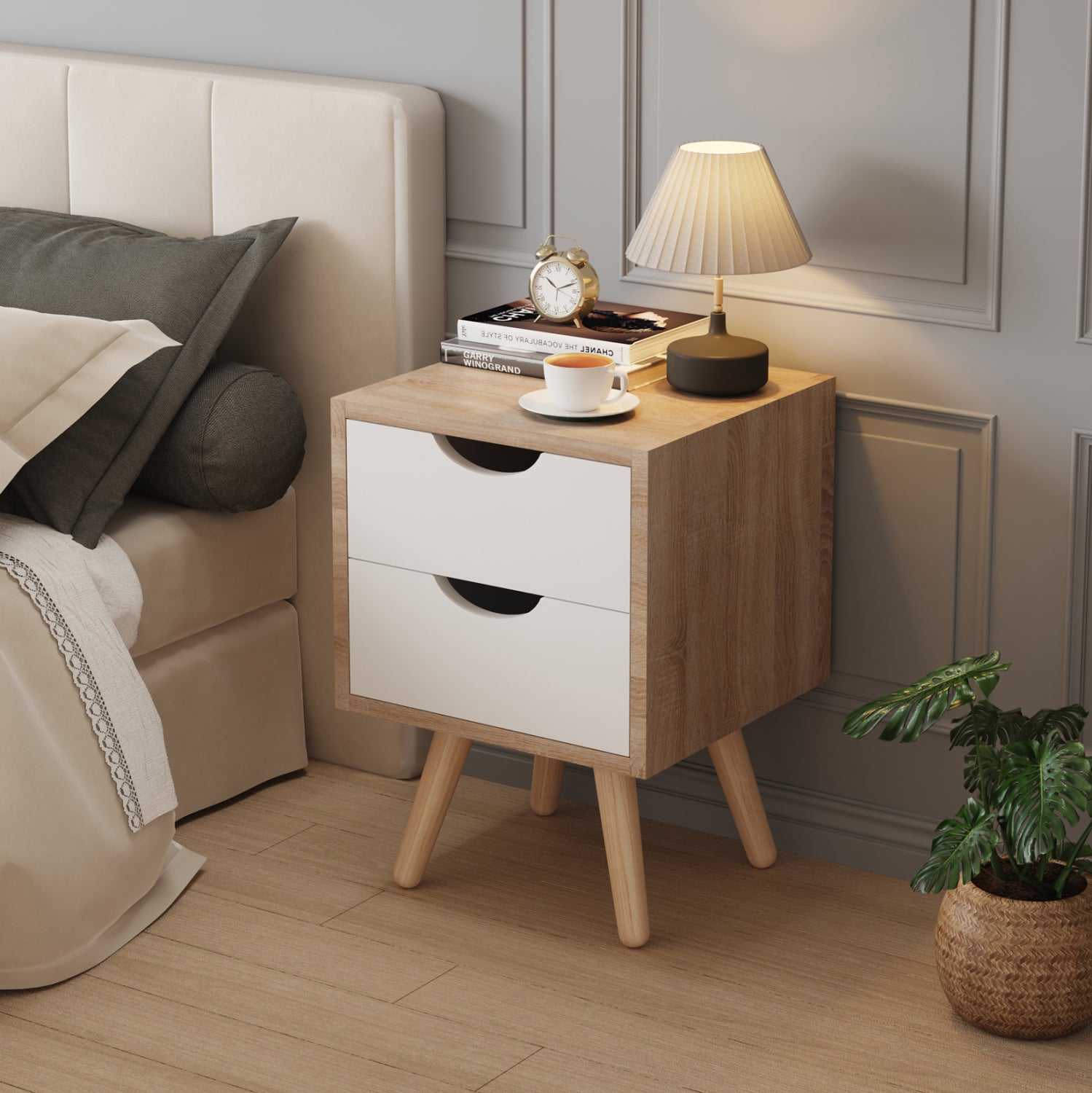 BEDSIDE STAND DINKL HM2472.04 MELAMINE-2 DRAWERS IN SONAMA-WHITE 29,7x29,7x45Hcm.