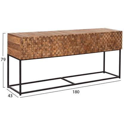 CONSOLE WITH DRAWERS JORDI HM9801 TEAK WOOD IN NATURAL-BLACK METAL BASE 180x43x79Hcm.