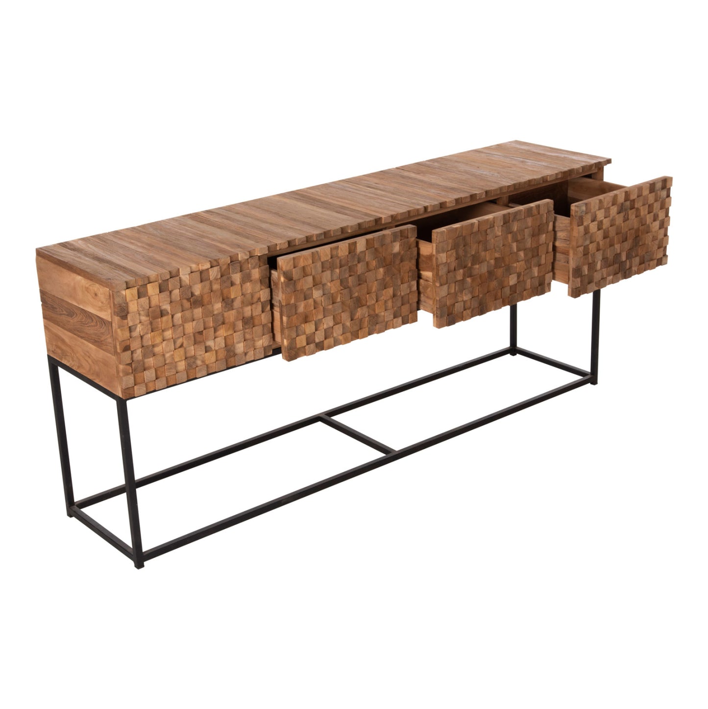 CONSOLE WITH DRAWERS JORDI HM9801 TEAK WOOD IN NATURAL-BLACK METAL BASE 180x43x79Hcm.