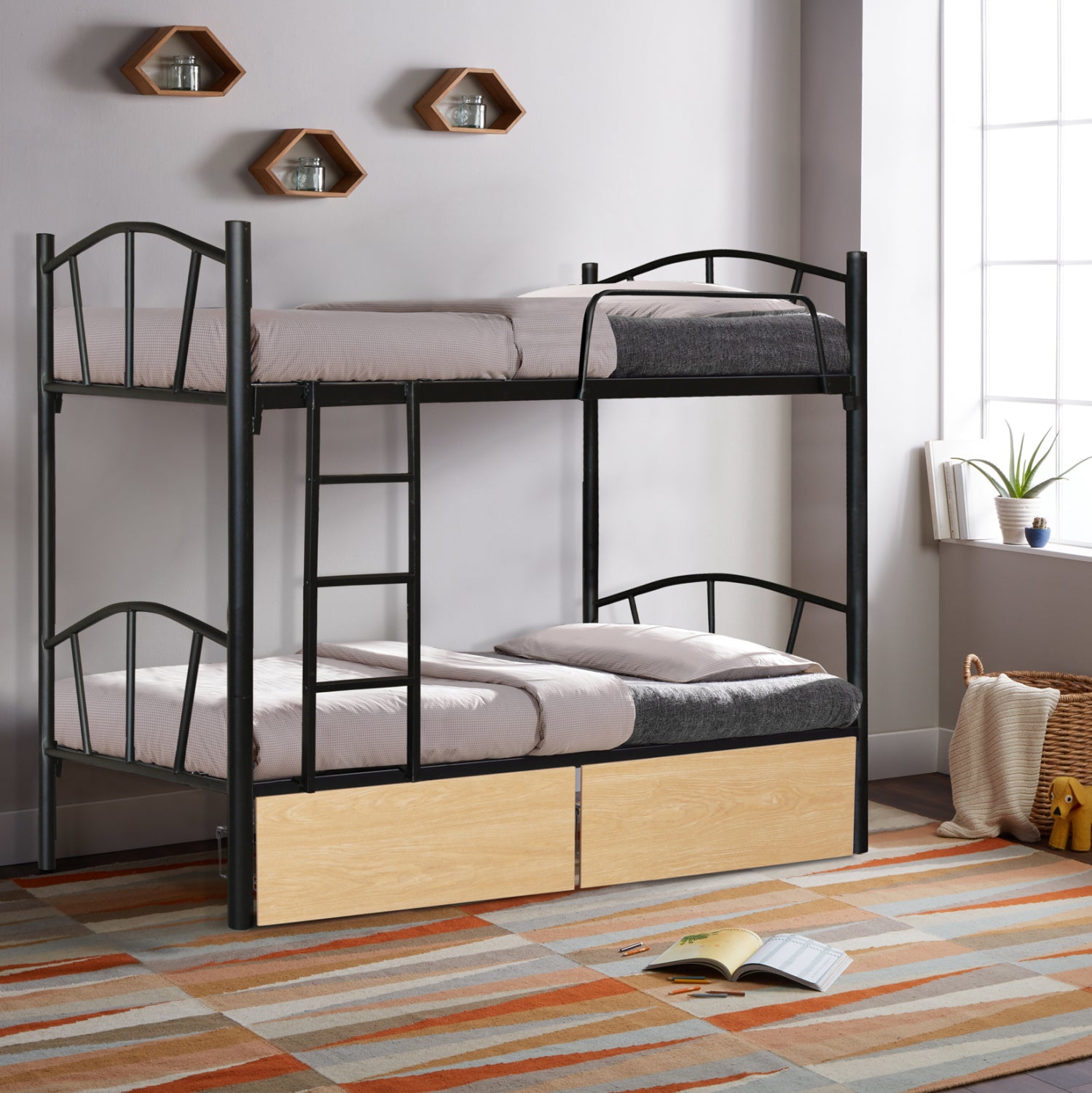 BUNK BED FLOOR HM21122.01 METAL IN BLACK WITH FLOOR DRAWERS SONAMA--FOR 90x190cm