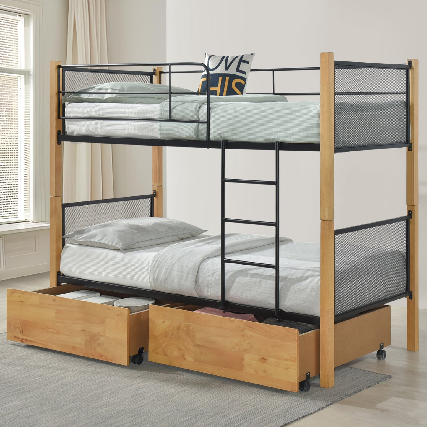 BUNK BED WITH DRAWERS & MATTRESSES RAYVEN HM10749.06 WOOD BEECH COLOR-METAL--FOR 90X190cm.