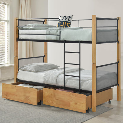 BUNK BED WITH DRAWERS & MATTRESSES RAYVEN HM10749.06 WOOD BEECH COLOR-METAL--FOR 90X190cm.