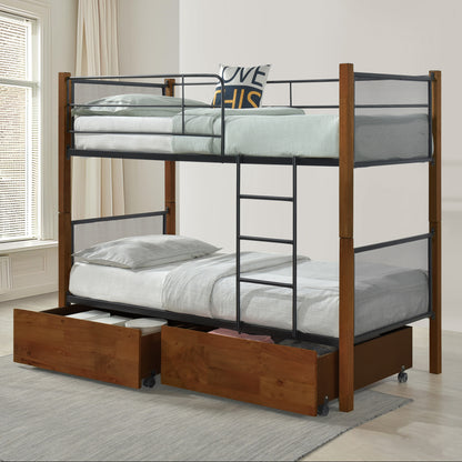 BUNK BED WITH DRAWERS & MATTRESSES RAYVEN ΗΜ10749.05 WALNUT COLOR-METAL--FOR 90X190cm.