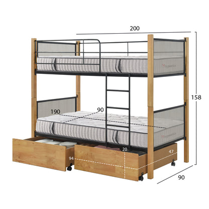 BUNK BED WITH DRAWERS & MATTRESSES RAYVEN HM10749.06 WOOD BEECH COLOR-METAL--FOR 90X190cm.