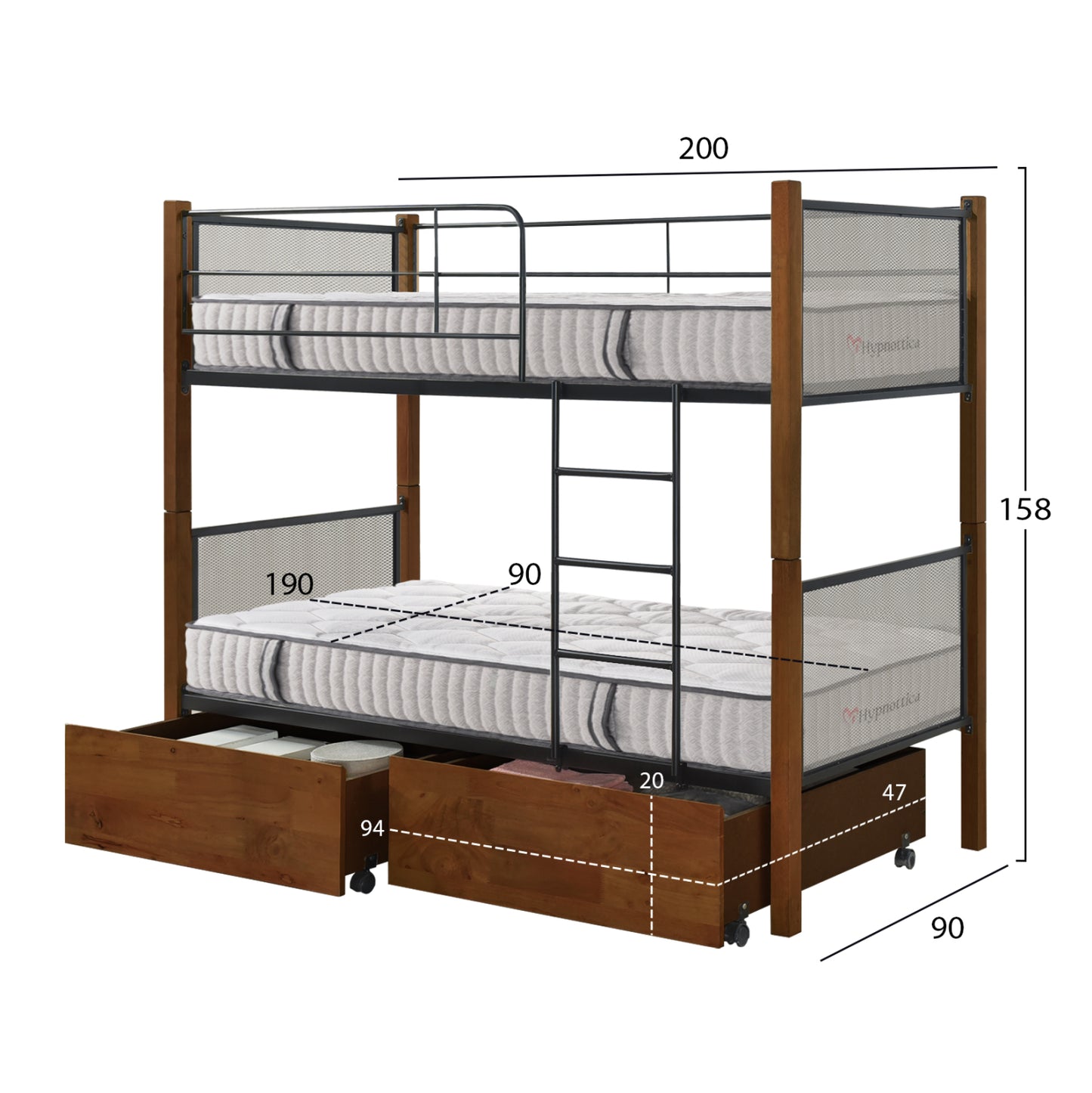 BUNK BED WITH DRAWERS & MATTRESSES RAYVEN ΗΜ10749.05 WALNUT COLOR-METAL--FOR 90X190cm.
