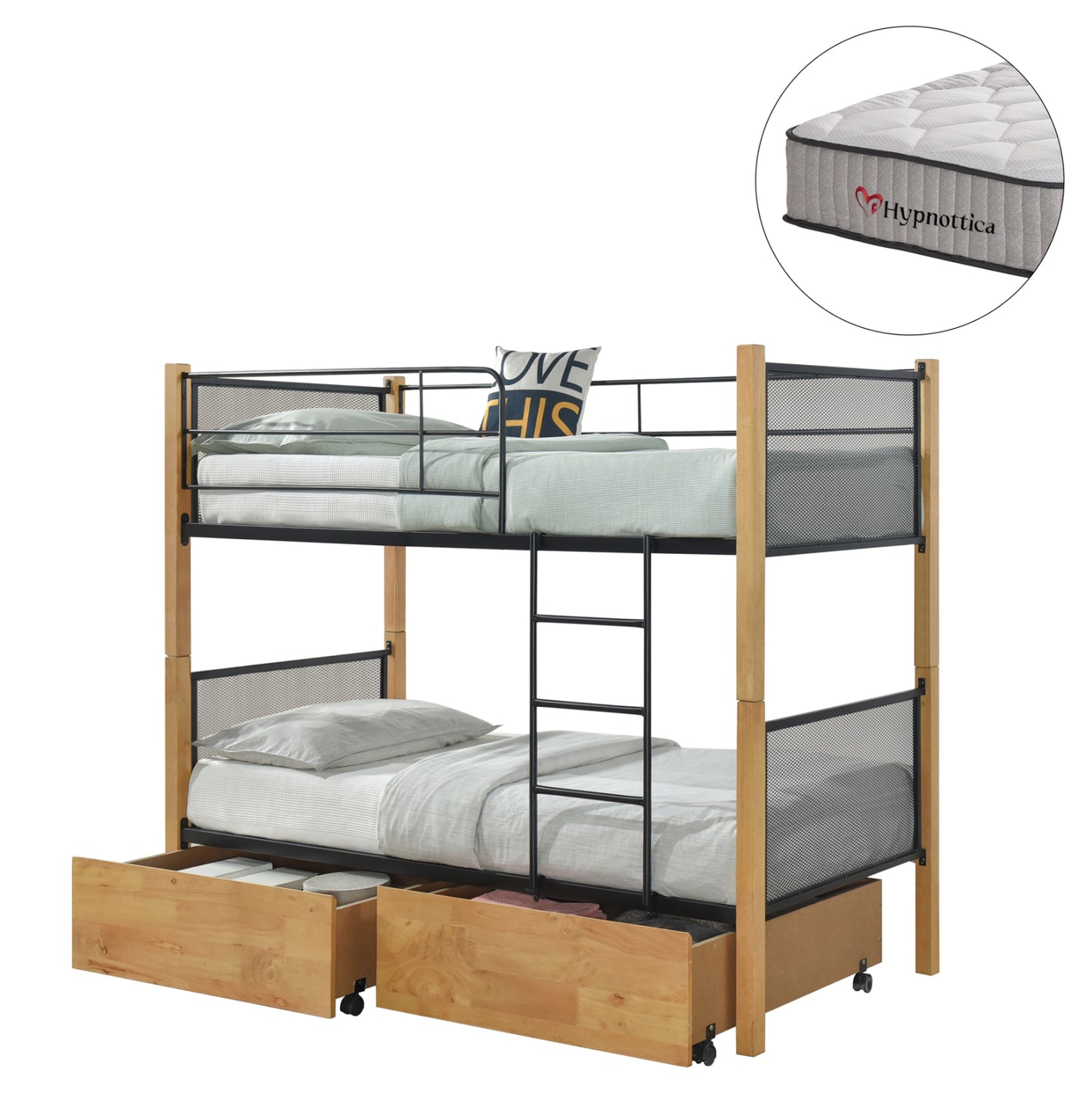 BUNK BED WITH DRAWERS & MATTRESSES RAYVEN HM10749.06 WOOD BEECH COLOR-METAL--FOR 90X190cm.