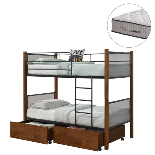 BUNK BED WITH DRAWERS & MATTRESSES RAYVEN ΗΜ10749.05 WALNUT COLOR-METAL--FOR 90X190cm.