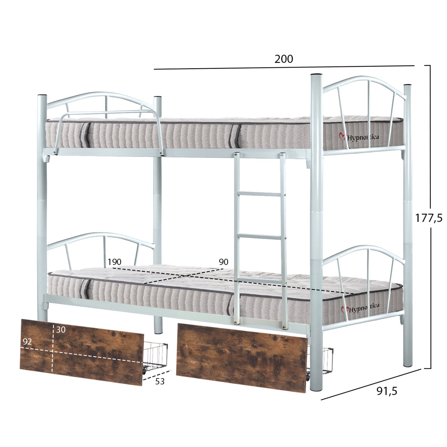 BUNK BED WITH BROWN DRAWERS & MATTRESSES FLOOR HM10749.01 METAL IN WHITE--FOR 90X190cm