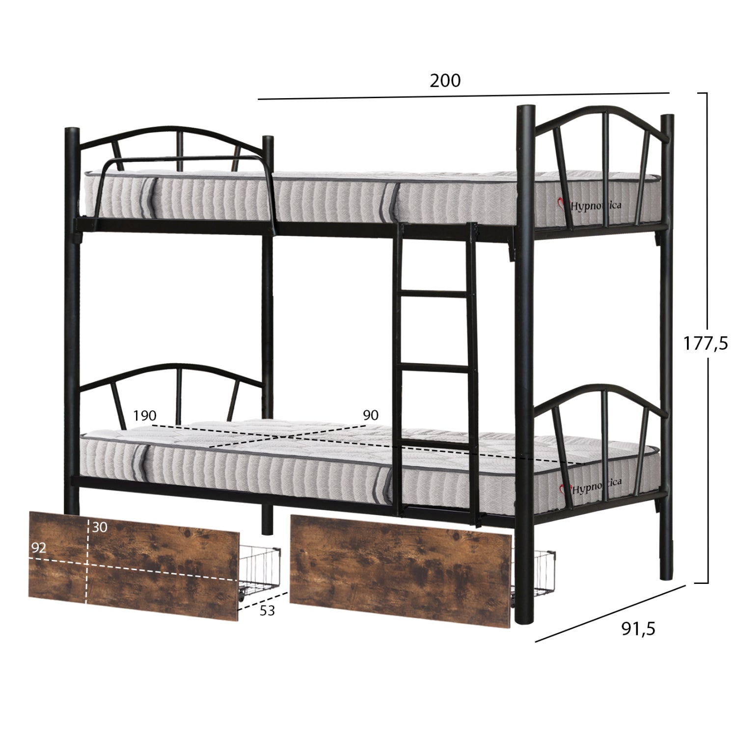 BUNK BED WITH BROWN DRAWERS & MATTRESSES FLOOR HM10749.03 METAL IN BLACK--FOR 90X190cm