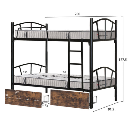 BUNK BED WITH BROWN DRAWERS & MATTRESSES FLOOR HM10749.03 METAL IN BLACK--FOR 90X190cm