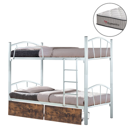 BUNK BED WITH BROWN DRAWERS & MATTRESSES FLOOR HM10749.01 METAL IN WHITE--FOR 90X190cm