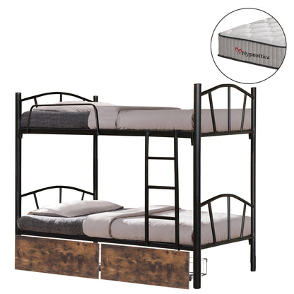 BUNK BED WITH BROWN DRAWERS & MATTRESSES FLOOR HM10749.03 METAL IN BLACK--FOR 90X190cm