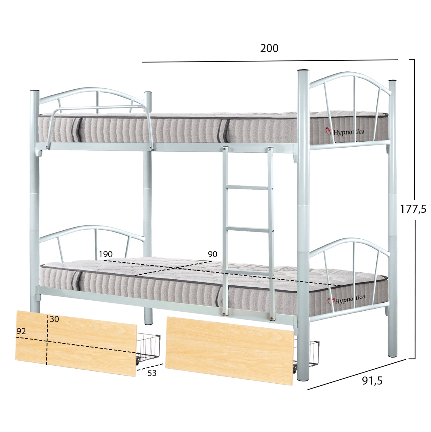 BUNK BED WITH SONAMA DRAWERS & MATTRESSES FLOOR HM10749.02 METAL IN WHITE--FOR 90X190cm