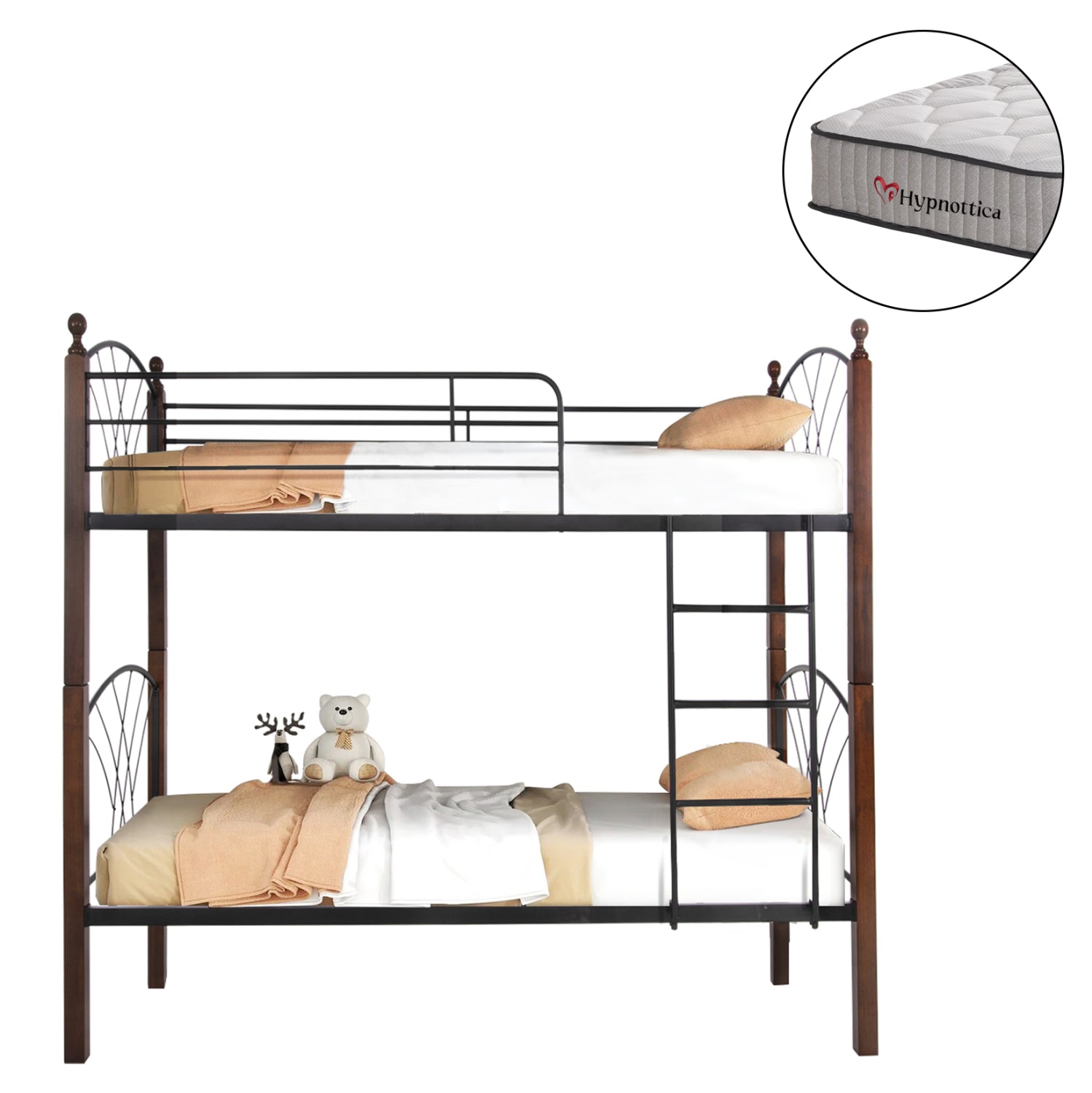 BUNK BED WITH MATTRESSES STOREY HM10749.10 METAL & RUBBERWOOD IN WALNUT--FOR MATTRESSES 90x190cm.