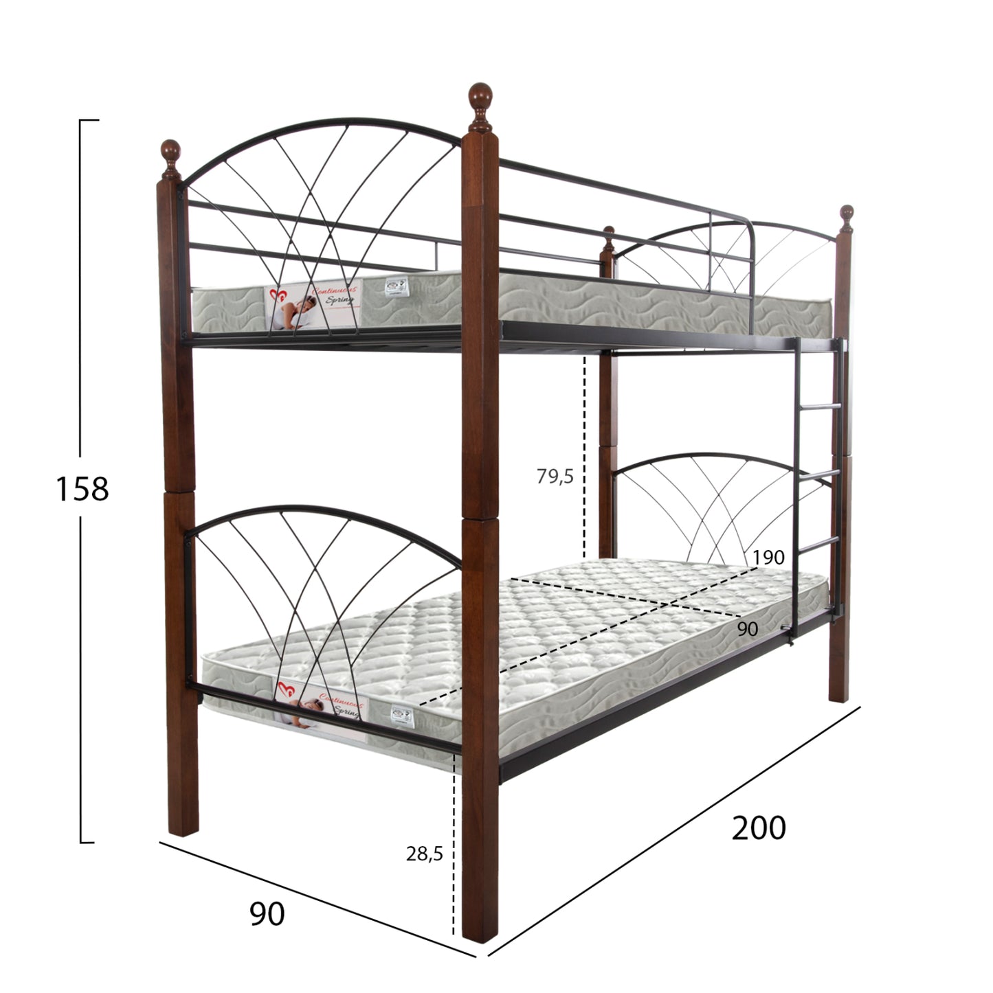 BUNK BED WITH MATTRESSES STOREY HM21334 METAL & RUBBERWOOD IN WALNUT--FOR MATTRESSES 90x190cm.