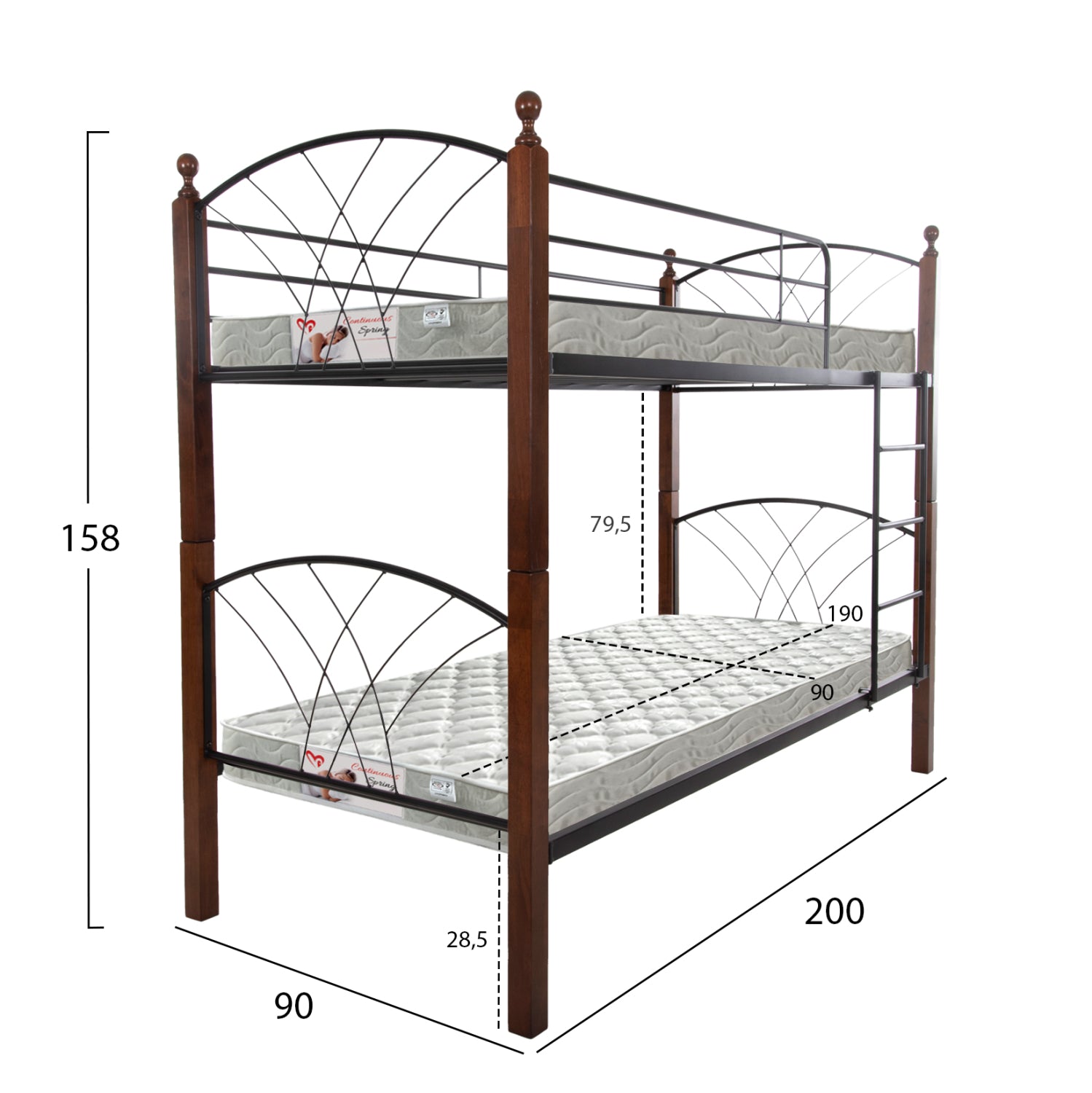BUNK BED WITH MATTRESSES STOREY HM21334 METAL & RUBBERWOOD IN WALNUT--FOR MATTRESSES 90x190cm.