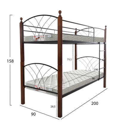 BUNK BED WITH MATTRESSES STOREY HM21334 METAL & RUBBERWOOD IN WALNUT--FOR MATTRESSES 90x190cm.