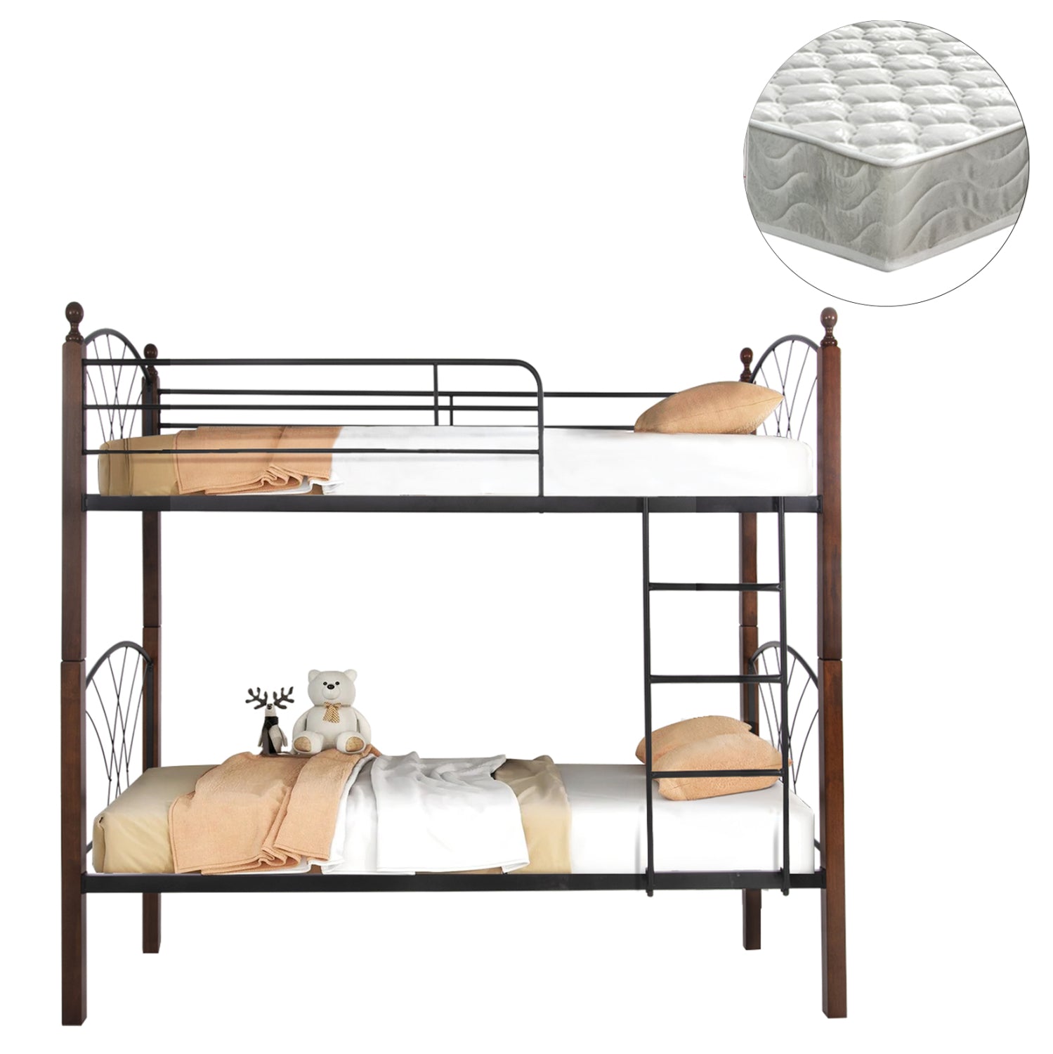 BUNK BED WITH MATTRESSES STOREY HM21334 METAL & RUBBERWOOD IN WALNUT--FOR MATTRESSES 90x190cm.