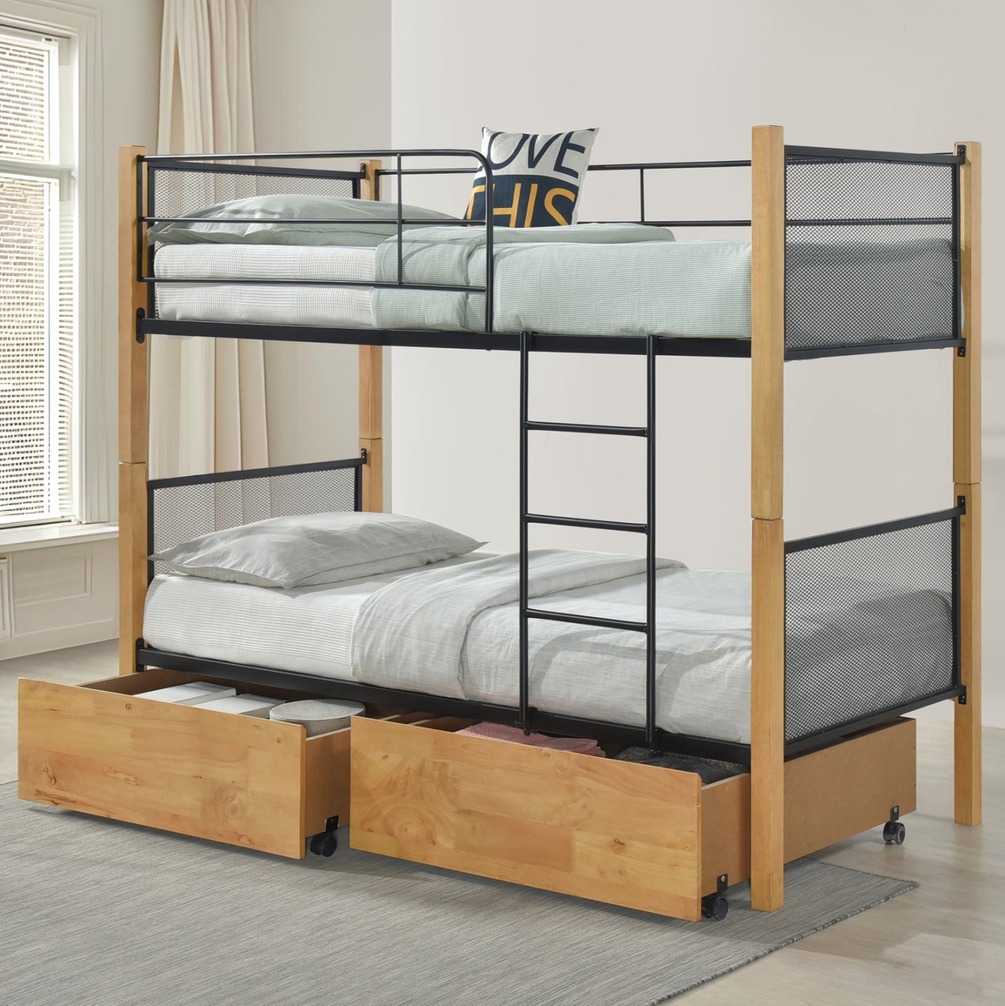 BUNK BED WITH FLOOR DRAWERS & MATTRESSES RAYVEN HM21336.02 WOOD BEECH COLOR-METAL--FOR 90X190cm.