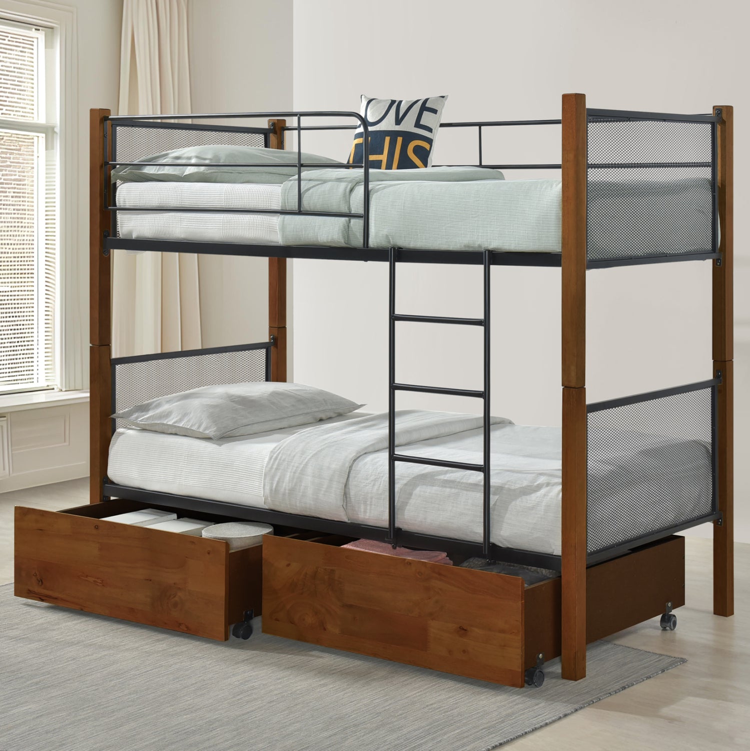 BUNK BED WITH FLOOR DRAWERS & MATTRESSES RAYVEN HM21336 WOOD IN WALNUT-METAL--FOR 90X190cm.