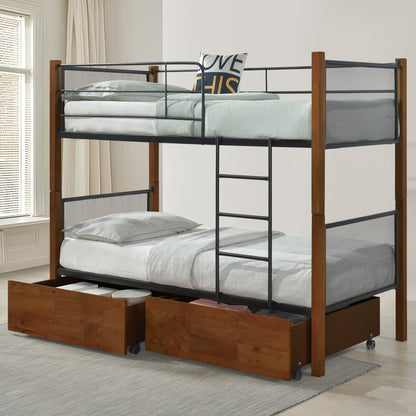 BUNK BED WITH FLOOR DRAWERS & MATTRESSES RAYVEN HM21336 WOOD IN WALNUT-METAL--FOR 90X190cm.