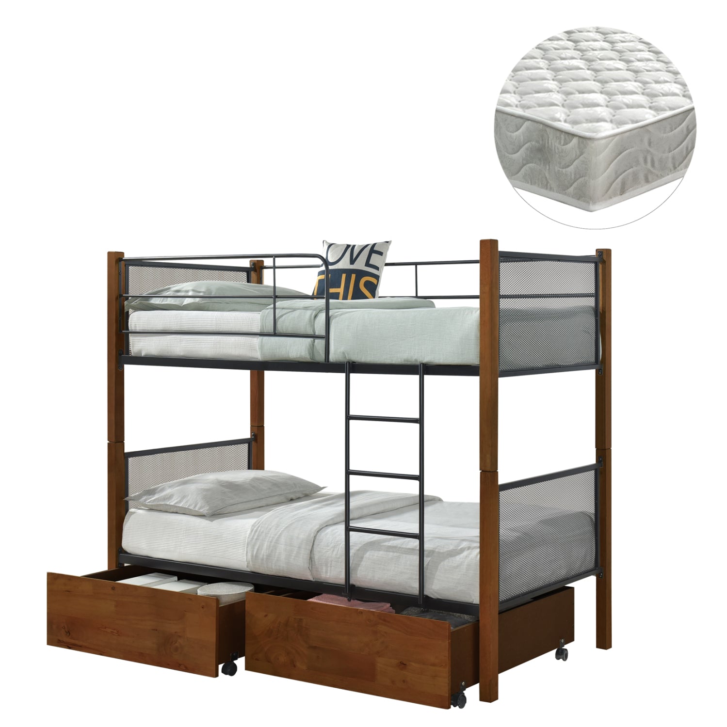 BUNK BED WITH FLOOR DRAWERS & MATTRESSES RAYVEN HM21336 WOOD IN WALNUT-METAL--FOR 90X190cm.