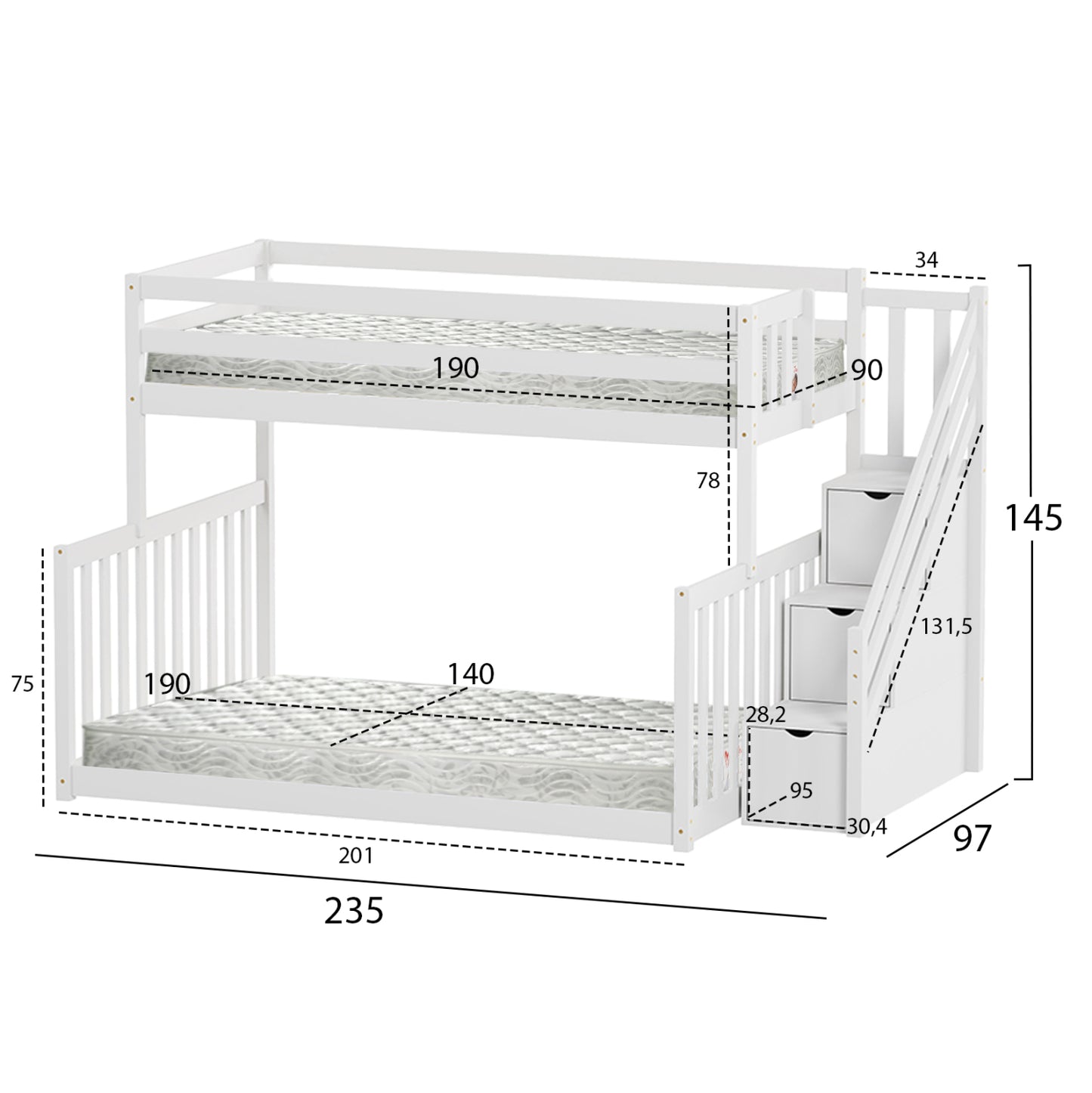 BUNK BED BEAMER HM21320 PINE WOOD IN WHITE--FOR MATTRESSES 90 & 140x190cm.