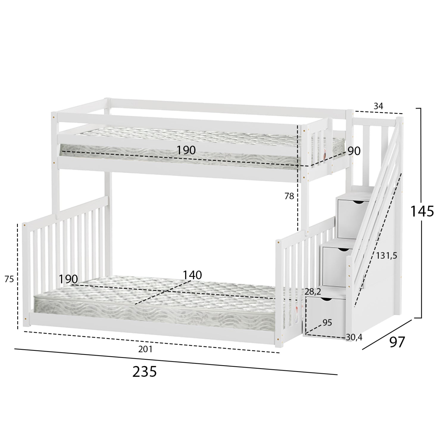 BUNK BED BEAMER HM21320 PINE WOOD IN WHITE--FOR MATTRESSES 90 & 140x190cm.