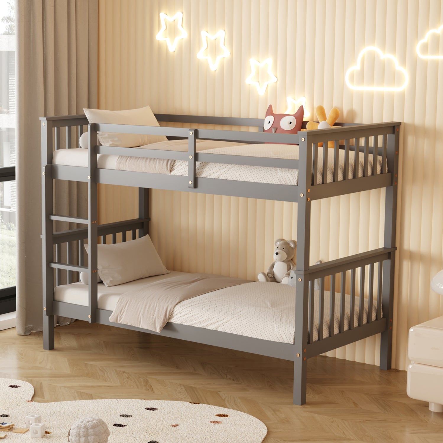 BUNK BED WITH 2 MATTRESSES LANTAI HM21307.02 PINE WOOD IN GREY--FOR MATTRESSES 90x190cm