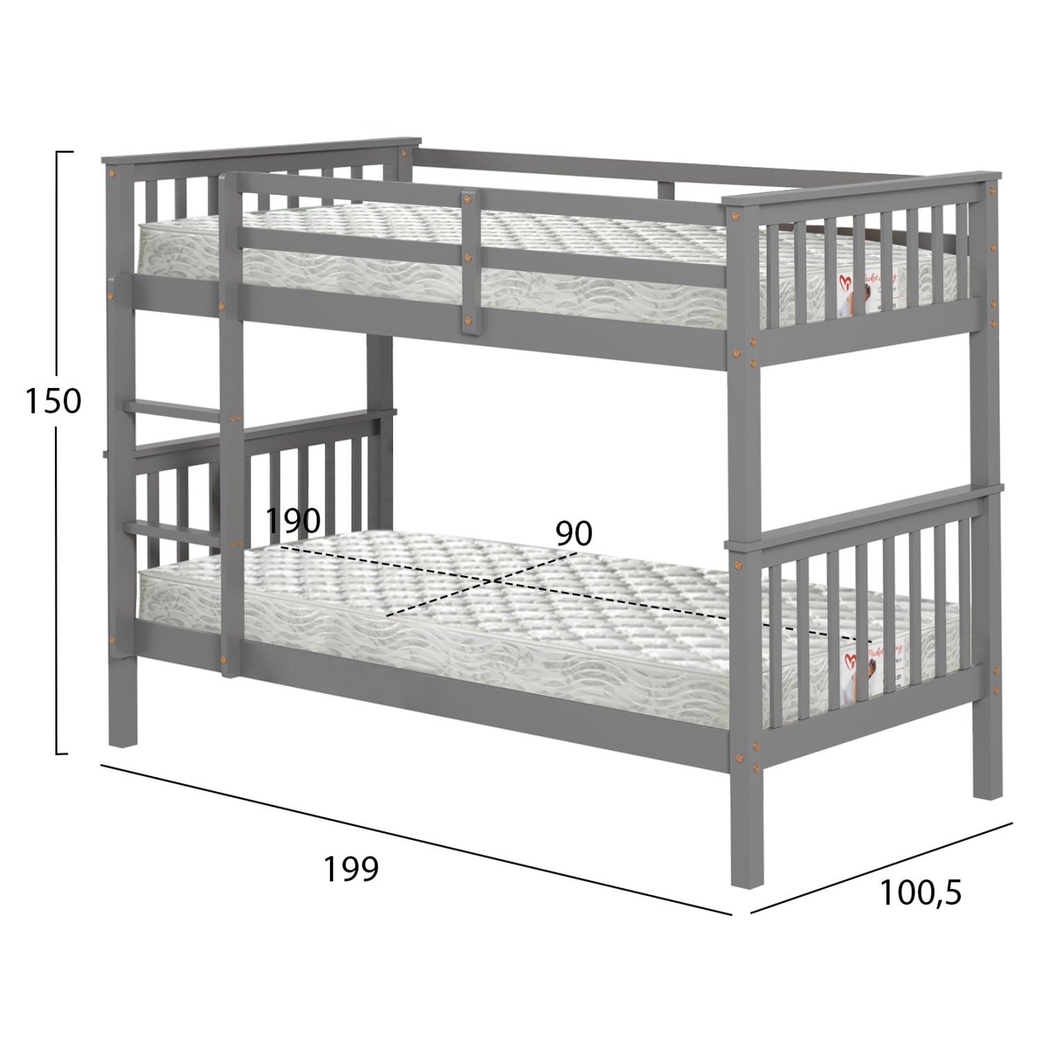 BUNK BED WITH 2 MATTRESSES LANTAI HM21307.02 PINE WOOD IN GREY--FOR MATTRESSES 90x190cm