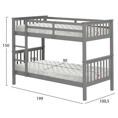 BUNK BED WITH 2 MATTRESSES LANTAI HM21307.02 PINE WOOD IN GREY--FOR MATTRESSES 90x190cm