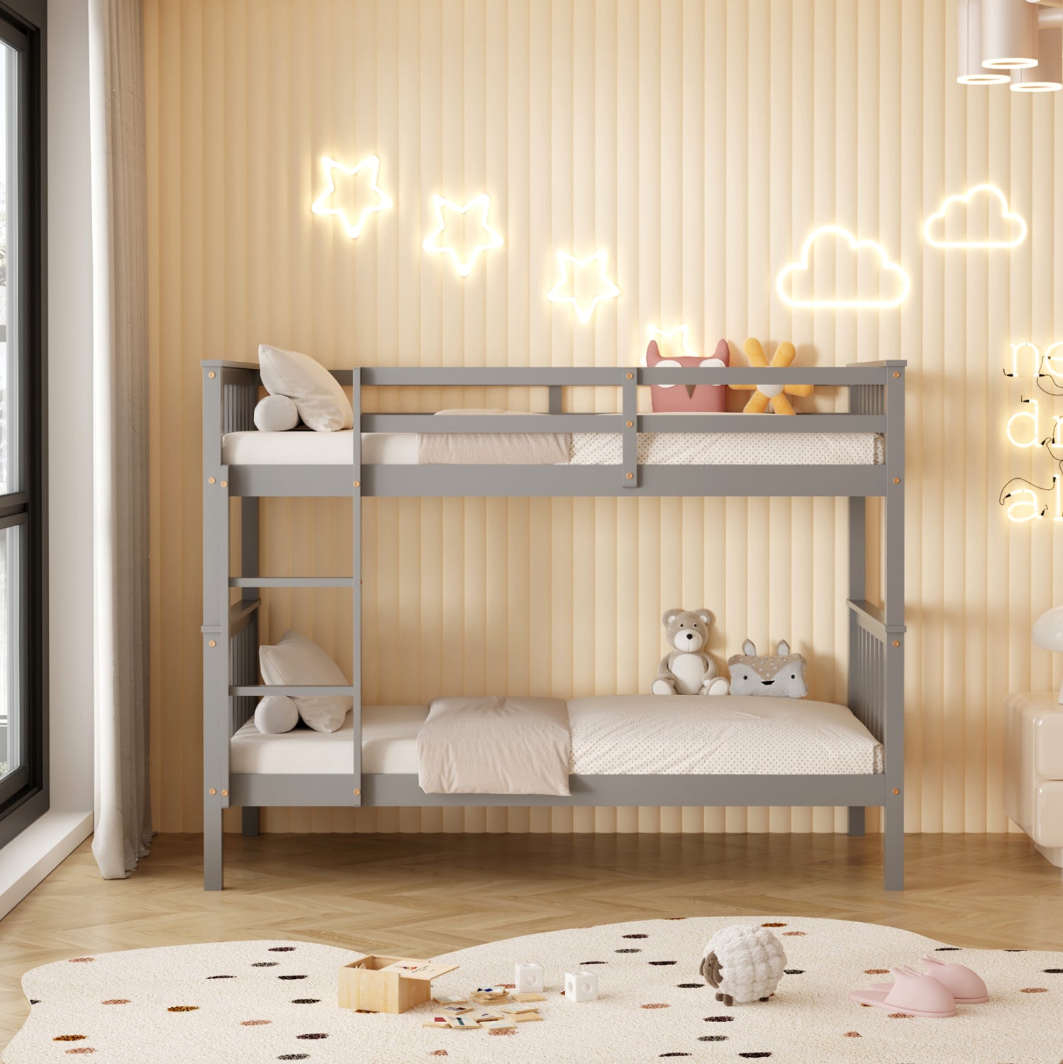 BUNK BED WITH 2 MATTRESSES LANTAI HM21307.02 PINE WOOD IN GREY--FOR MATTRESSES 90x190cm