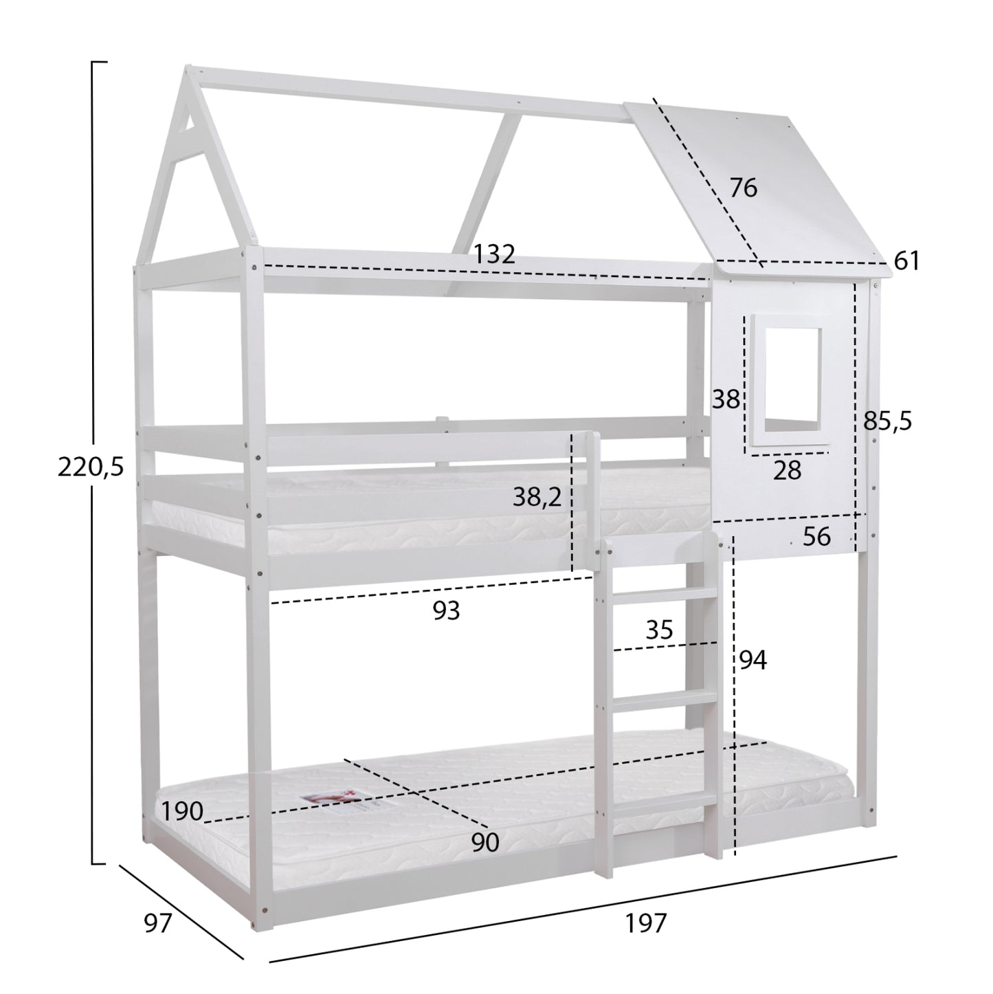BUNK BED WITH 2 MATTRESSES HOOD HM21314.01 PINE WOOD IN WHITE--FOR MATTRESSES 90x190cm