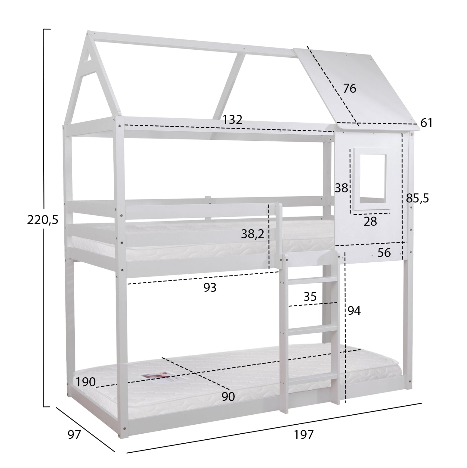 BUNK BED WITH 2 MATTRESSES HOOD HM21314.01 PINE WOOD IN WHITE--FOR MATTRESSES 90x190cm