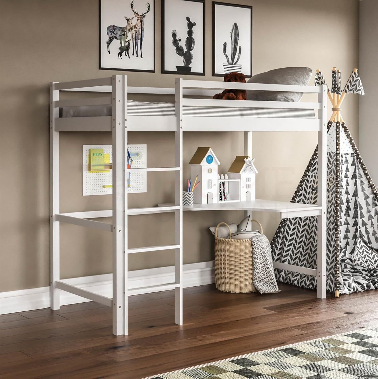 BUNK BED WITH DESK AKRON HM21311.01 PINE WOOD IN WHITE--WITH MATTRESS 90x190cm