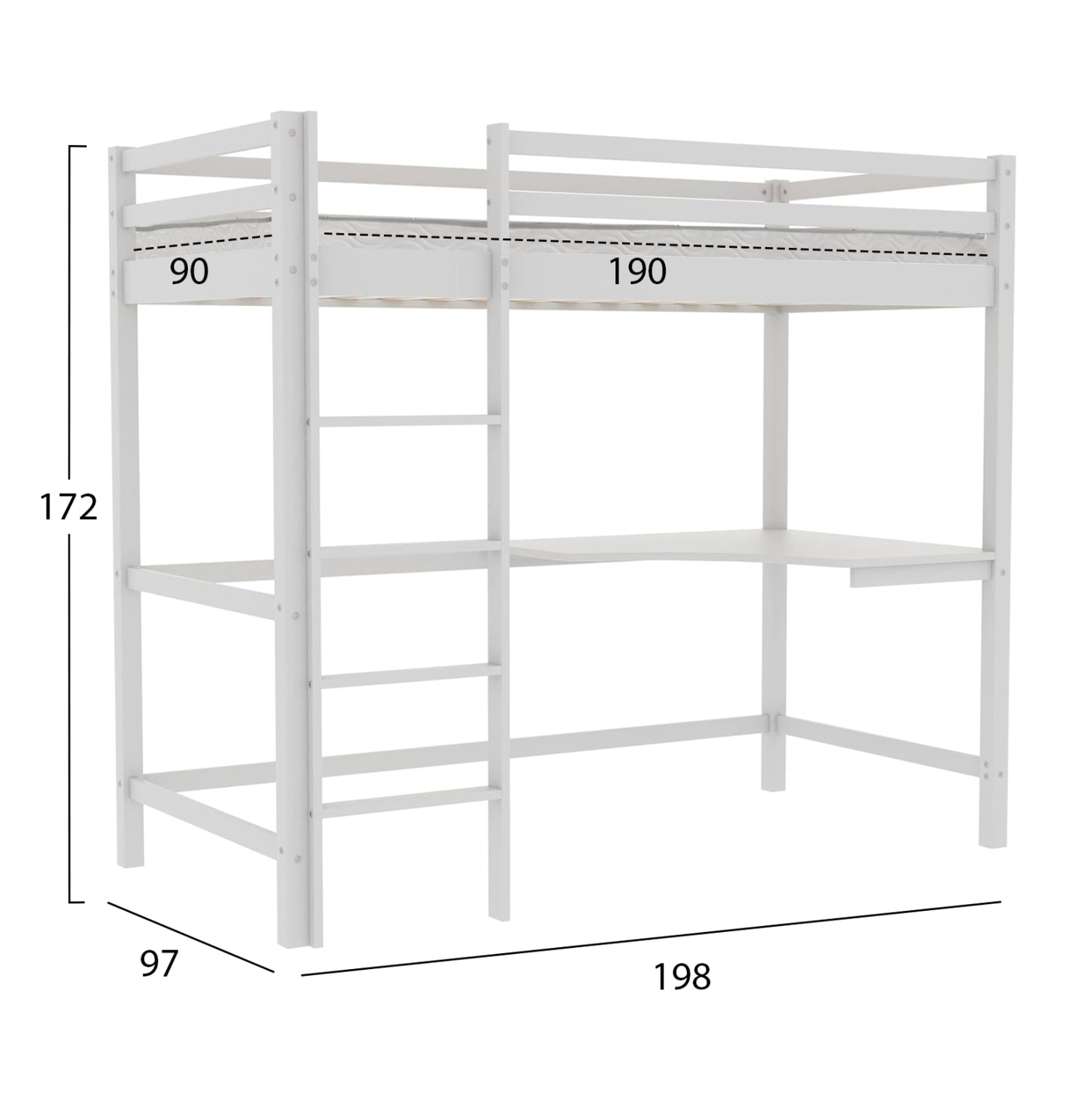 BUNK BED WITH DESK AKRON HM21311.01 PINE WOOD IN WHITE--WITH MATTRESS 90x190cm