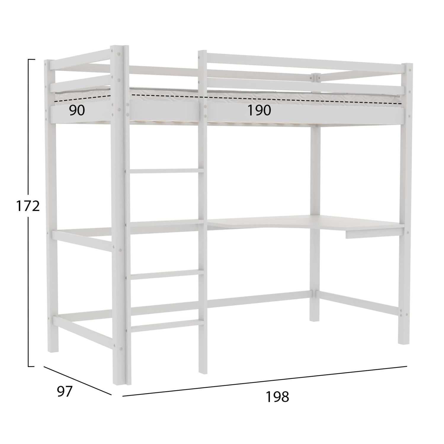BUNK BED WITH DESK AKRON HM21311.01 PINE WOOD IN WHITE--WITH MATTRESS 90x190cm
