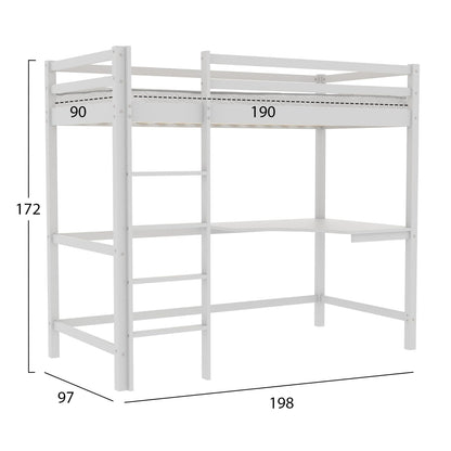 BUNK BED WITH DESK AKRON HM21311.01 PINE WOOD IN WHITE--WITH MATTRESS 90x190cm