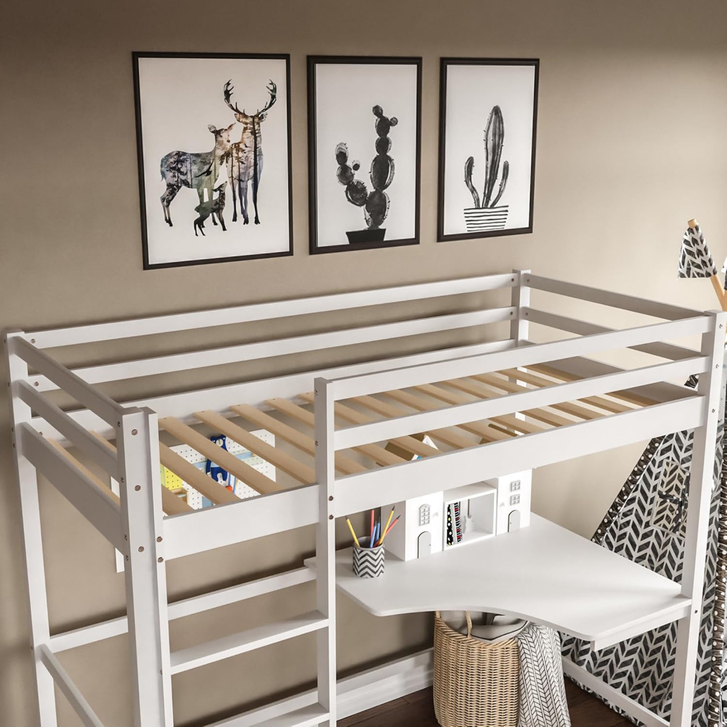 BUNK BED WITH DESK AKRON HM21311.01 PINE WOOD IN WHITE--WITH MATTRESS 90x190cm