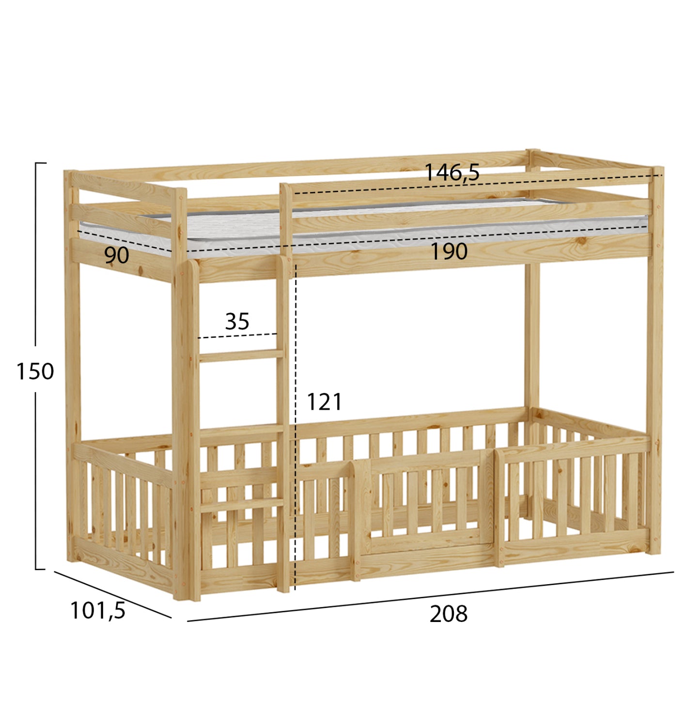 BUNK BED WITH PLAYPARK PLAYKID HM21312 PINE WOOD IN NATURAL COLOR--WITH MATTRESS 90x190cm