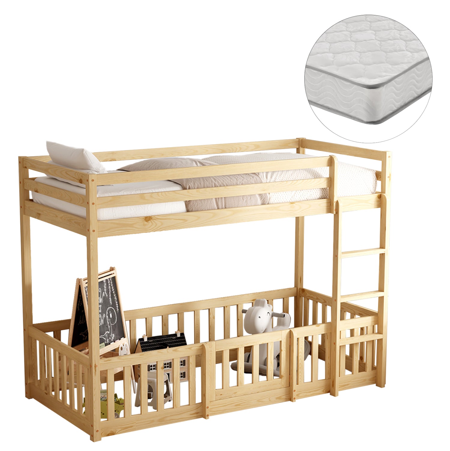BUNK BED WITH PLAYPARK PLAYKID HM21312 PINE WOOD IN NATURAL COLOR--WITH MATTRESS 90x190cm