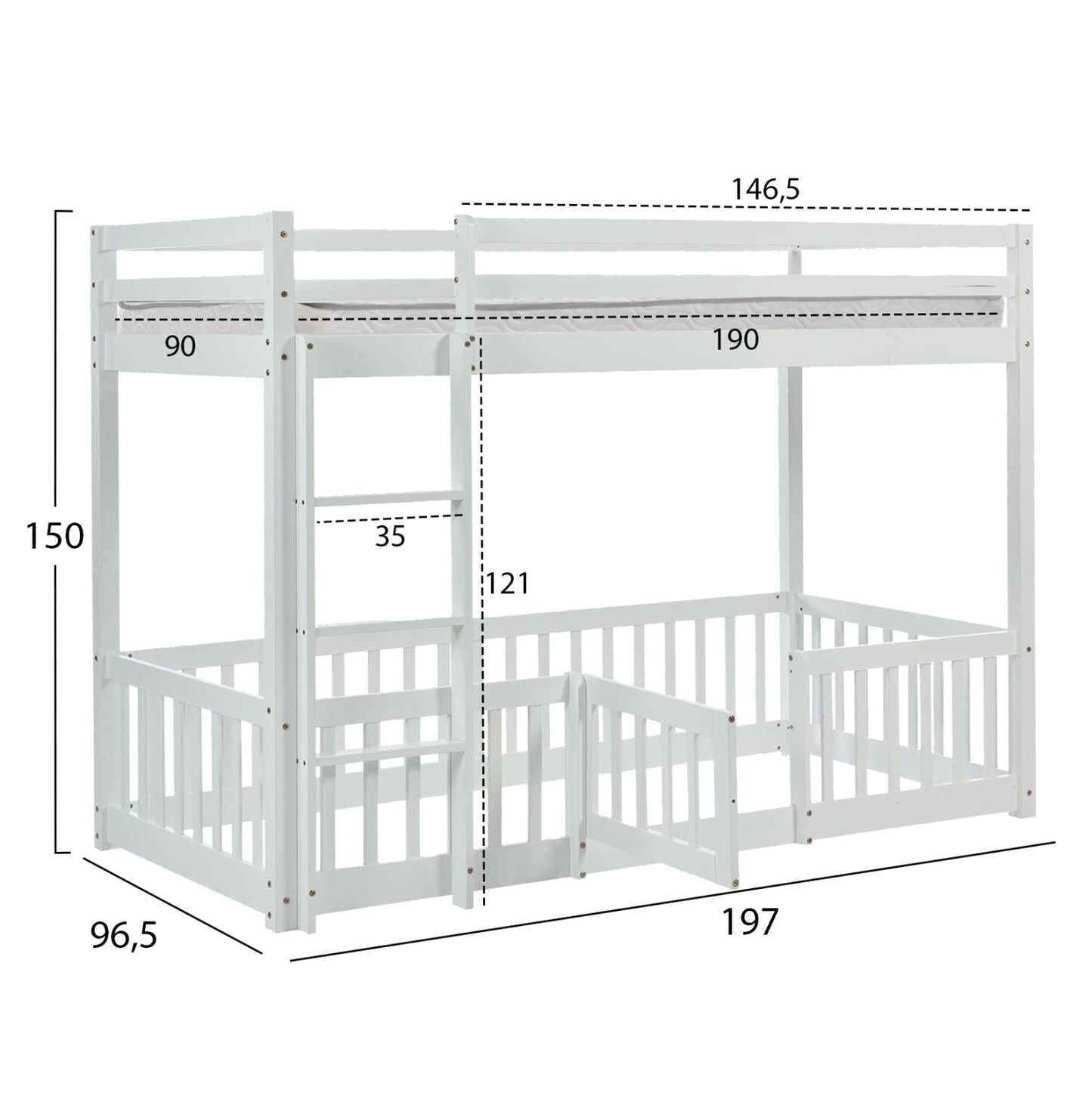 BUNK BED WITH PLAYPARK PLAYKID HM21312.01 PINE WOOD IN WHITE--WITH MATTRESS 90x190cm