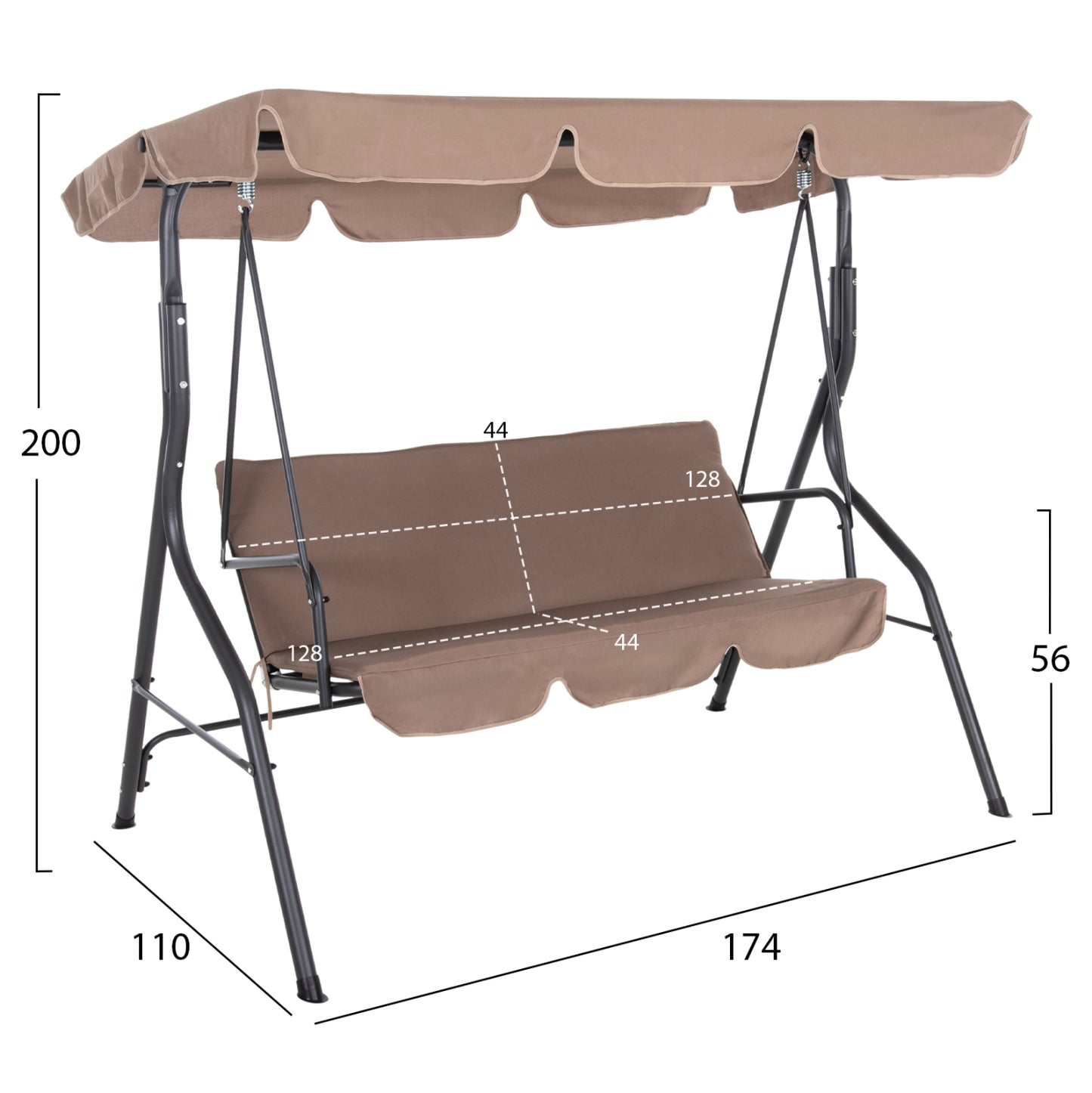 PORCH SWINGER 3-SEATER WITH SUNSHIELD LIKID HM5979.02 METAL GREY- FABRIC IN BROWN 174x110x200Hcm.