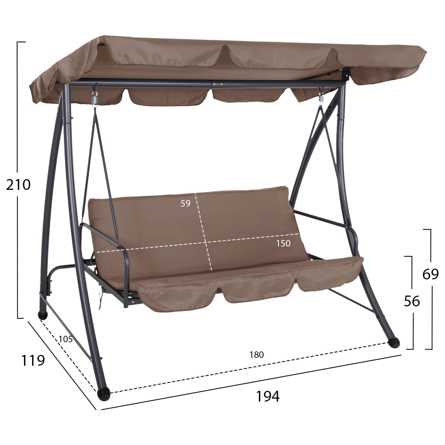 PORCH SWINGER-BED 3-SEATER LIKID HM5980.02 METAL FRAME IN GREY-FABRIC IN LIGHT BROWN 194x119x210Hcm.