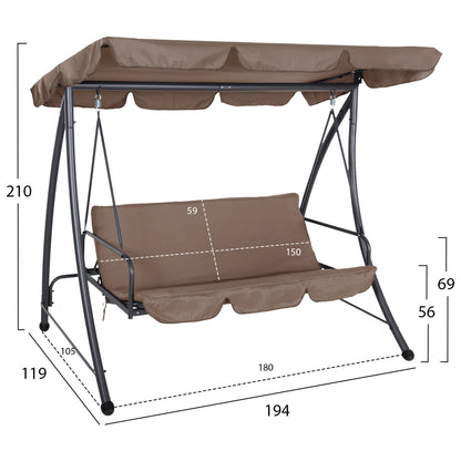 PORCH SWINGER-BED 3-SEATER LIKID HM5980.02 METAL FRAME IN GREY-FABRIC IN LIGHT BROWN 194x119x210Hcm.