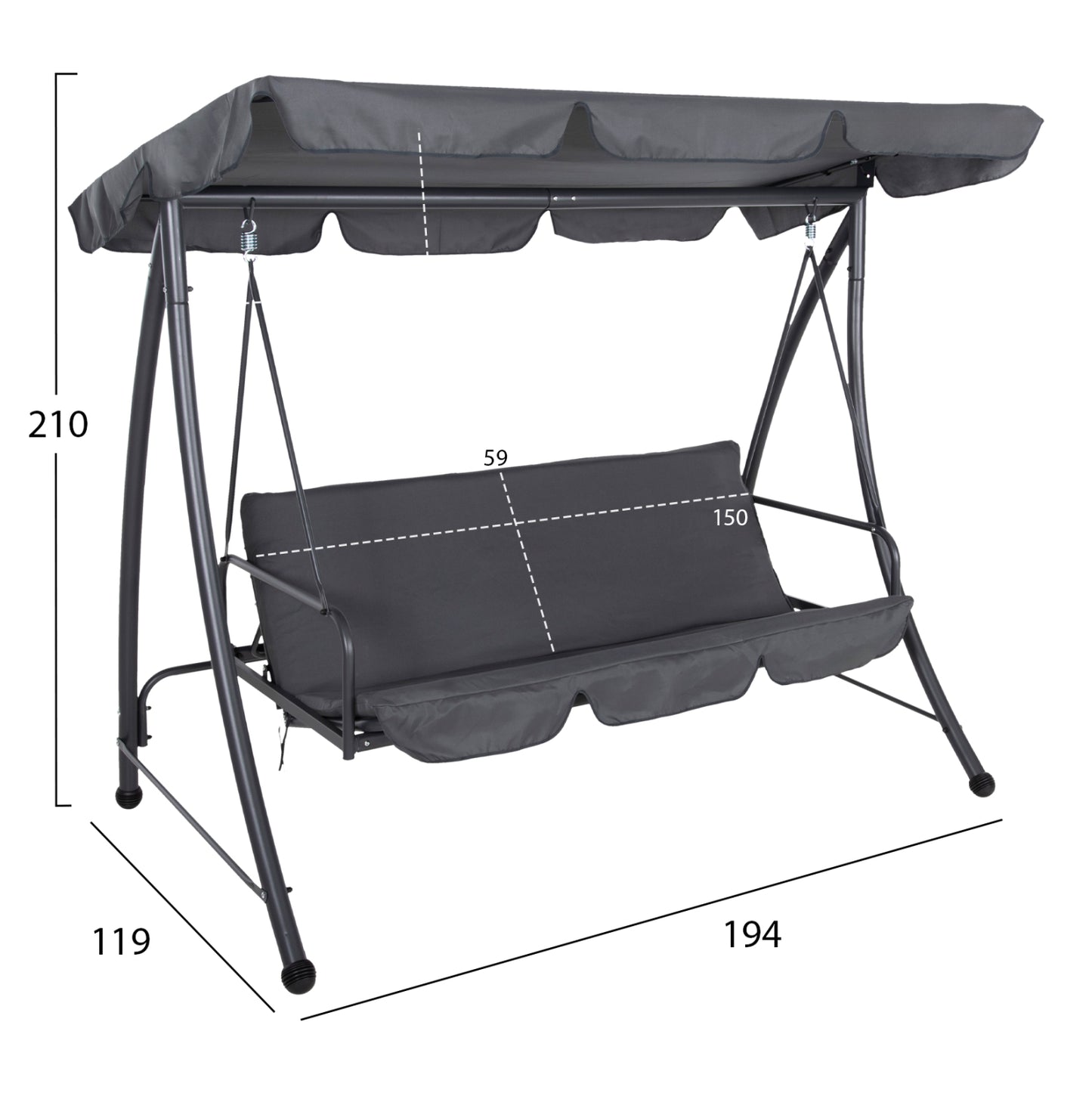 PORCH SWINGER-BED 3-SEATER WITH SUNSHIELD LIKID HM5980.01 METAL FRAME&FABRIC IN GREY 194x119x210Hcm.