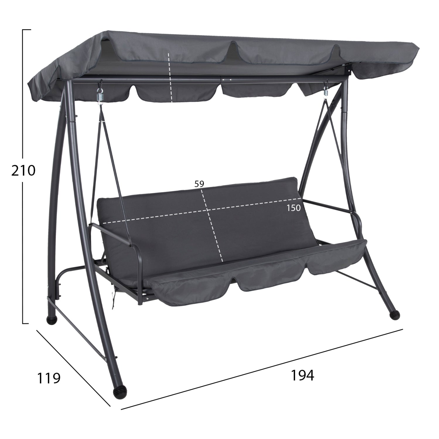 PORCH SWINGER-BED 3-SEATER WITH SUNSHIELD LIKID HM5980.01 METAL FRAME&FABRIC IN GREY 194x119x210Hcm.